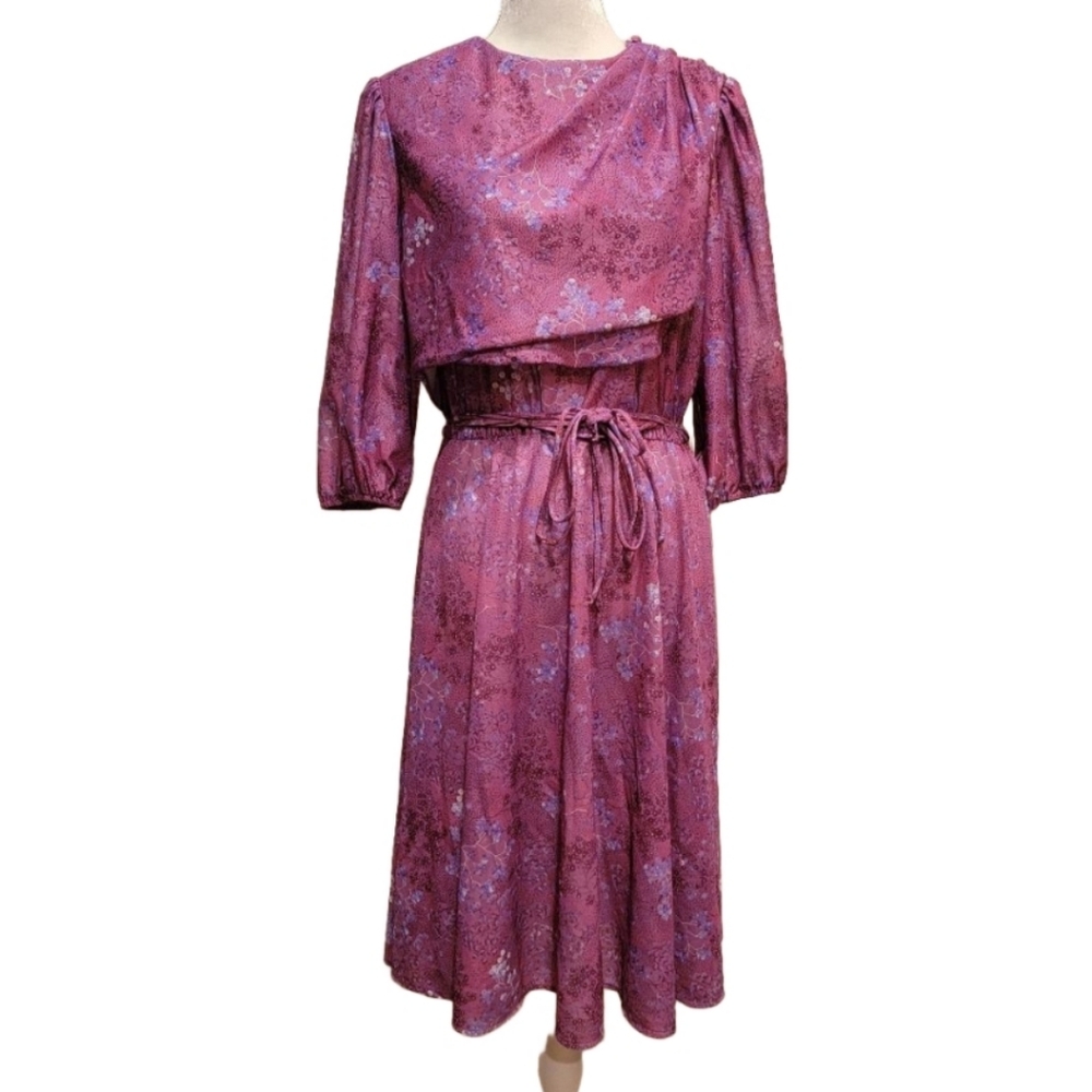 Amy-Deb Vintage 70s Mauve Purple Floral Secretary Midi Dress